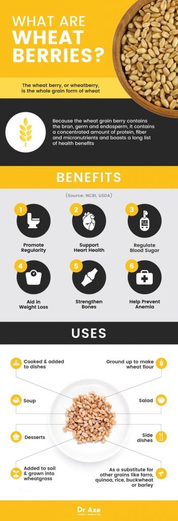 wheat-infographic-351x1024 Infographic explaining wheat berries, their benefits, and uses. Highlights include promoting regularity, supporting heart health, regulating blood sugar, aiding weight loss, strengthening bones, and preventing anemia. Lists various culinary uses such as soups, salads, and desserts.